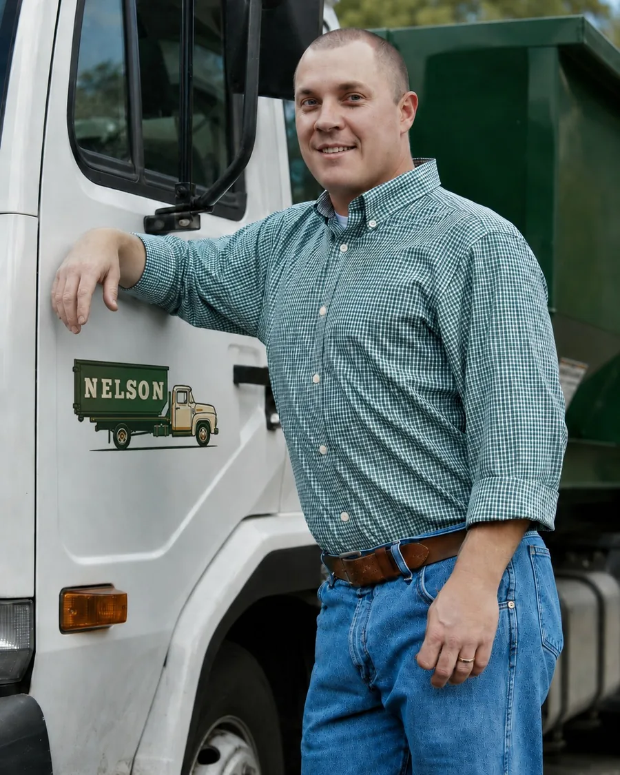 Adam Ellinger, owner of Nelson Storage and Dumpster, standing beside a Nelson roll-off truck