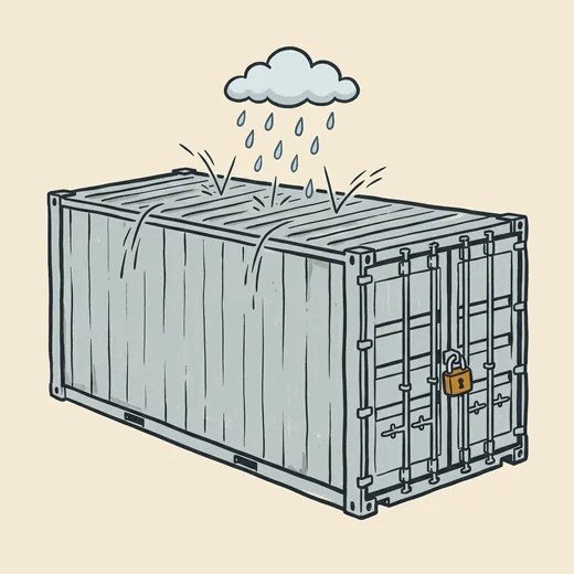Hand-drawn illustration of a sealed steel storage container with raindrops bouncing off the roof, padlock visible.