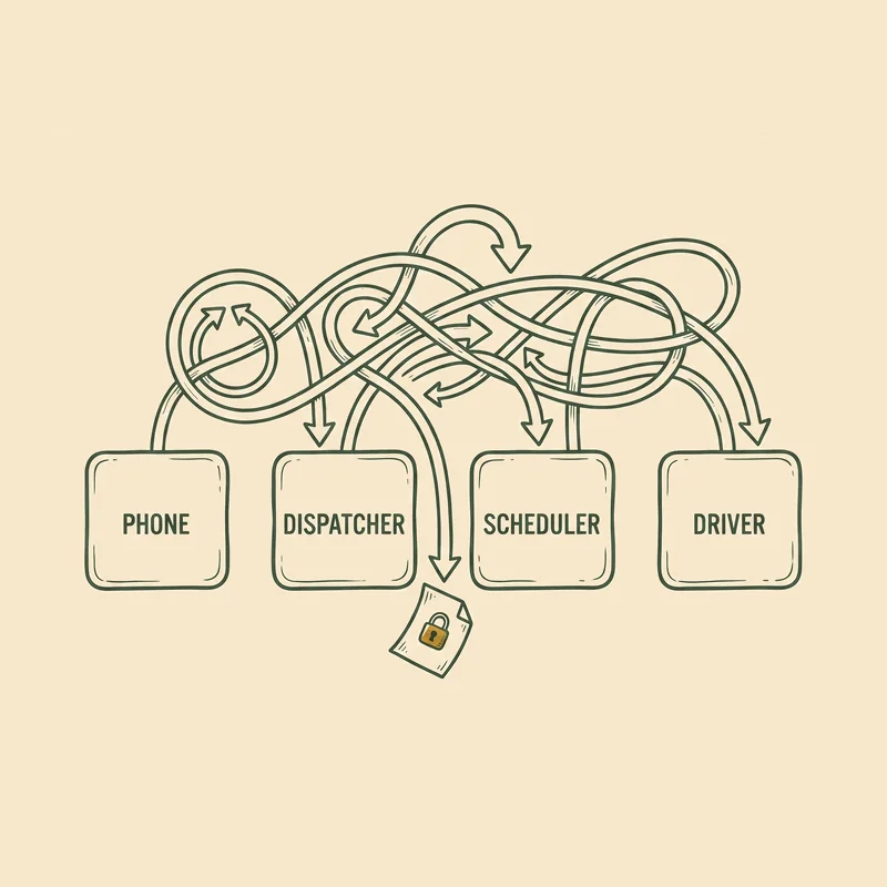 A flow diagram of phone, dispatcher, scheduler, and driver boxes connected by tangled arrows, with a quote slip falling between handoffs