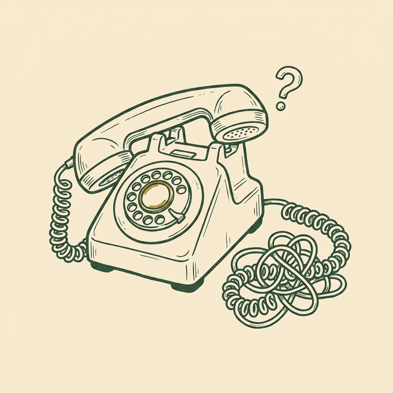 A vintage telephone with a tangled cord and a floating question mark, representing a confused phone call