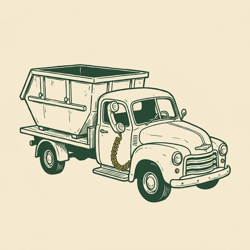 A vintage delivery truck carrying a roll-off dumpster with a single phone receiver in the driver's window
