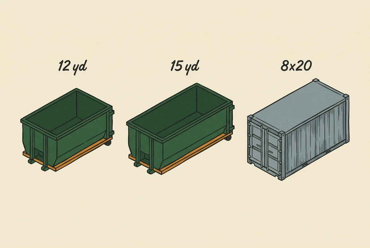 Hand-drawn sizing guide showing a 12-yard dumpster, a 15-yard dumpster, and an 8x20 steel storage container side by side.